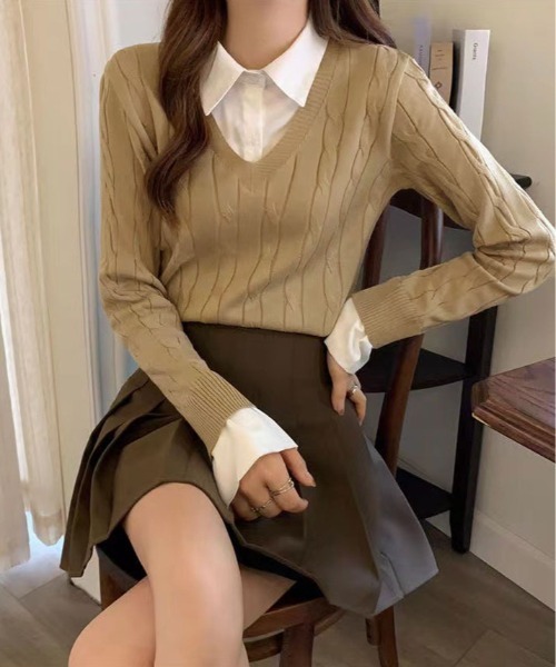 kirakiraShop（キラキラショップ）の「ブラウス レイヤード風 ニット トップス（ニット/セーター・レディース・ベージュ/ブラック/グレー・FREE）」の13枚目の写真