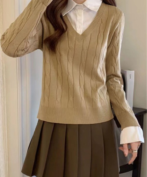 kirakiraShop（キラキラショップ）の「ブラウス レイヤード風 ニット トップス（ニット/セーター・レディース・ベージュ/ブラック/グレー・FREE）」の15枚目の写真