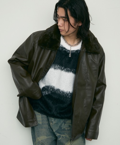 セール】fur collar synthetic leather jacket / 襟ファー合成皮革