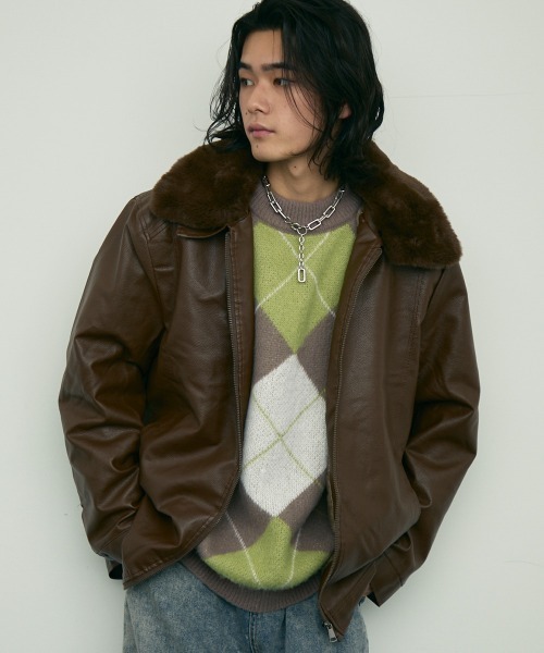 セール】fur collar synthetic leather jacket / 襟ファー合成皮革
