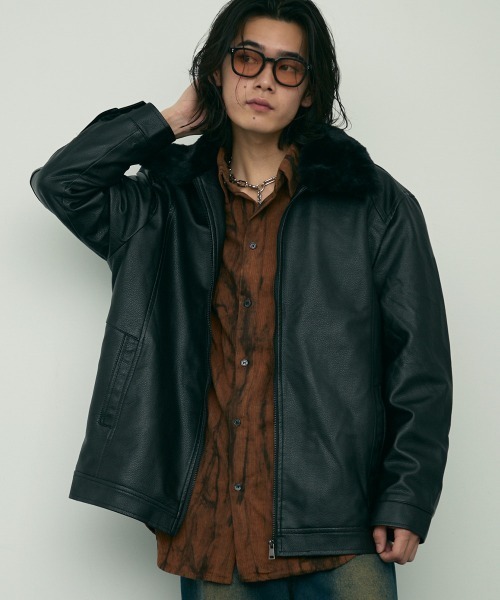 セール】fur collar synthetic leather jacket / 襟ファー合成皮革