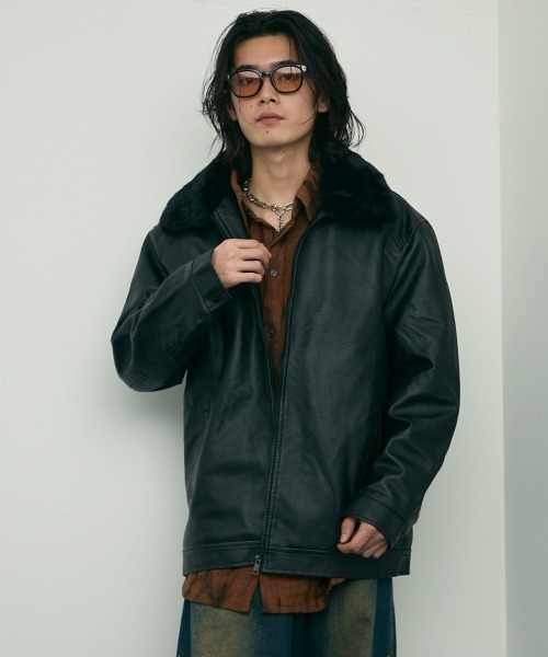Shoowtime(ショウタイム)の「fur collar synthetic leather jacket / 襟ファー合成皮革ジャケット 取り外し可能(ブルゾン・メンズ・ダークブラウン/ブラウン/ブラック・MEDIUM/X-LARGE/LARGE)」の4枚目の写真