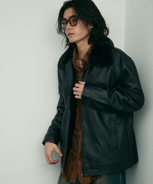 Shoowtime(ショウタイム)の「fur collar synthetic leather jacket / 襟ファー合成皮革ジャケット 取り外し可能(ブルゾン・メンズ・ダークブラウン/ブラウン/ブラック・MEDIUM/X-LARGE/LARGE)」の5枚目の写真