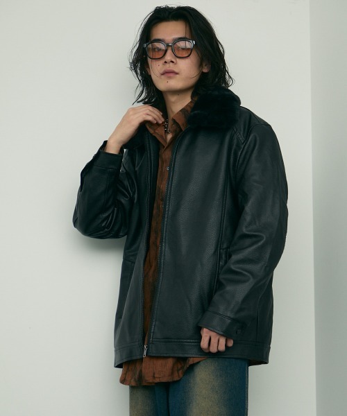 Shoowtime(ショウタイム)の「fur collar synthetic leather jacket / 襟ファー合成皮革ジャケット 取り外し可能(ブルゾン・メンズ・ダークブラウン/ブラウン/ブラック・MEDIUM/X-LARGE/LARGE)」の6枚目の写真