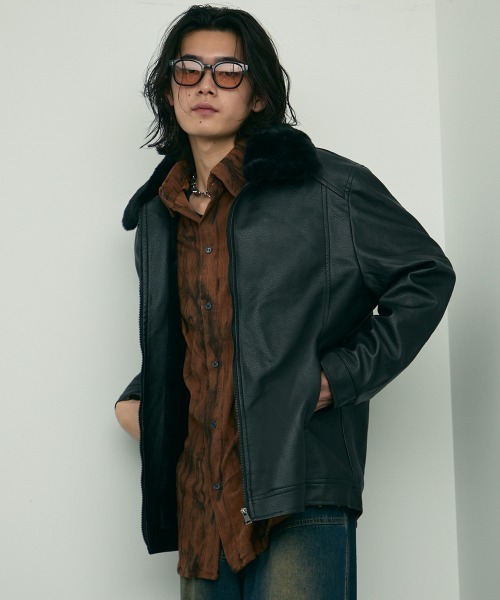 Shoowtime(ショウタイム)の「fur collar synthetic leather jacket / 襟ファー合成皮革ジャケット 取り外し可能(ブルゾン・メンズ・ダークブラウン/ブラウン/ブラック・MEDIUM/X-LARGE/LARGE)」の8枚目の写真