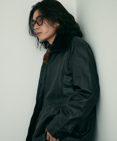 Shoowtime(ショウタイム)の「fur collar synthetic leather jacket / 襟ファー合成皮革ジャケット 取り外し可能(ブルゾン・メンズ・ダークブラウン/ブラウン/ブラック・MEDIUM/X-LARGE/LARGE)」の9枚目の写真