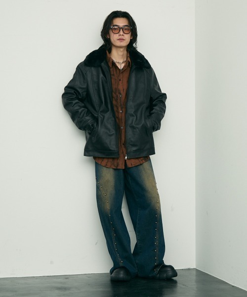 Shoowtime(ショウタイム)の「fur collar synthetic leather jacket / 襟ファー合成皮革ジャケット 取り外し可能(ブルゾン・メンズ・ダークブラウン/ブラウン/ブラック・MEDIUM/X-LARGE/LARGE)」の15枚目の写真