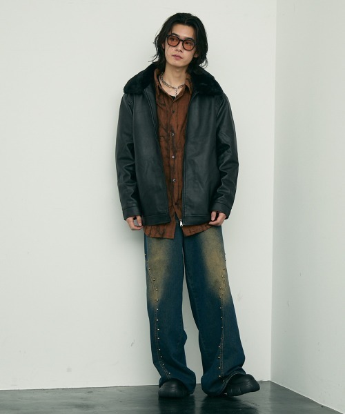 セール】fur collar synthetic leather jacket / 襟ファー合成皮革