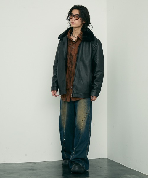 Shoowtime(ショウタイム)の「fur collar synthetic leather jacket / 襟ファー合成皮革ジャケット 取り外し可能(ブルゾン・メンズ・ダークブラウン/ブラウン/ブラック・MEDIUM/X-LARGE/LARGE)」の17枚目の写真