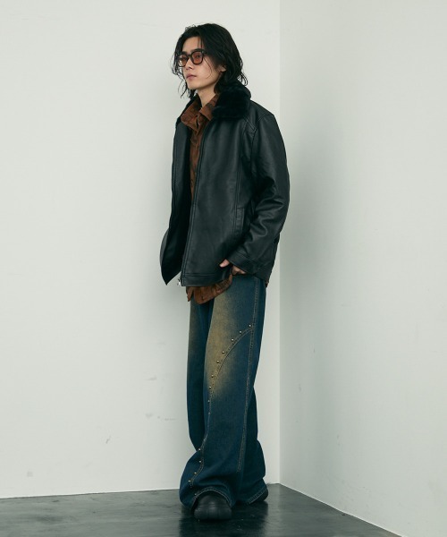 Shoowtime(ショウタイム)の「fur collar synthetic leather jacket / 襟ファー合成皮革ジャケット 取り外し可能(ブルゾン・メンズ・ダークブラウン/ブラウン/ブラック・MEDIUM/X-LARGE/LARGE)」の18枚目の写真