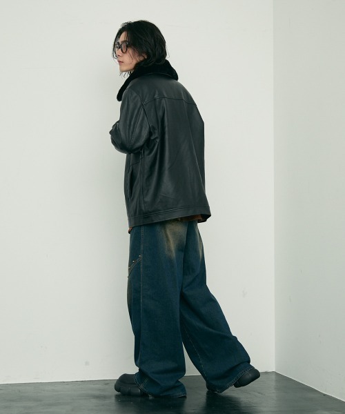 Shoowtime(ショウタイム)の「fur collar synthetic leather jacket / 襟ファー合成皮革ジャケット 取り外し可能(ブルゾン・メンズ・ダークブラウン/ブラウン/ブラック・MEDIUM/X-LARGE/LARGE)」の20枚目の写真