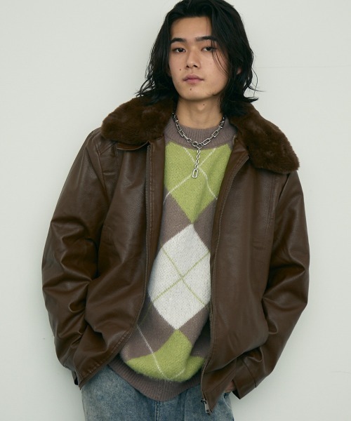 セール】fur collar synthetic leather jacket / 襟ファー合成皮革