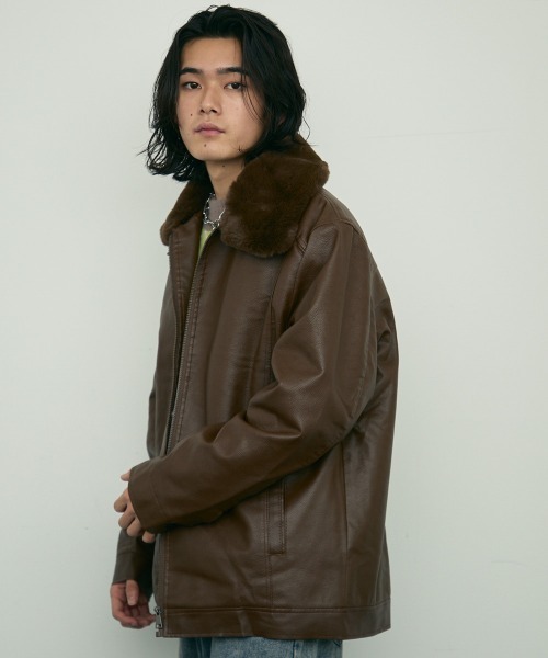 セール】fur collar synthetic leather jacket / 襟ファー合成皮革