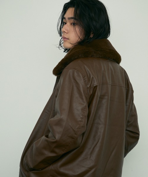 セール】fur collar synthetic leather jacket / 襟ファー合成皮革