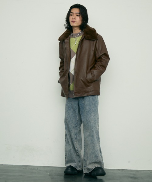 セール】fur collar synthetic leather jacket / 襟ファー合成皮革