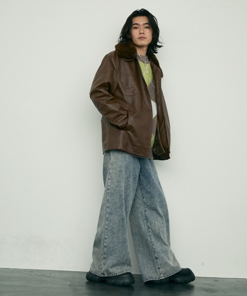 セール】fur collar synthetic leather jacket / 襟ファー合成皮革