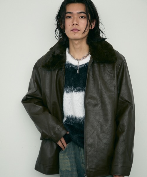 セール】fur collar synthetic leather jacket / 襟ファー合成皮革