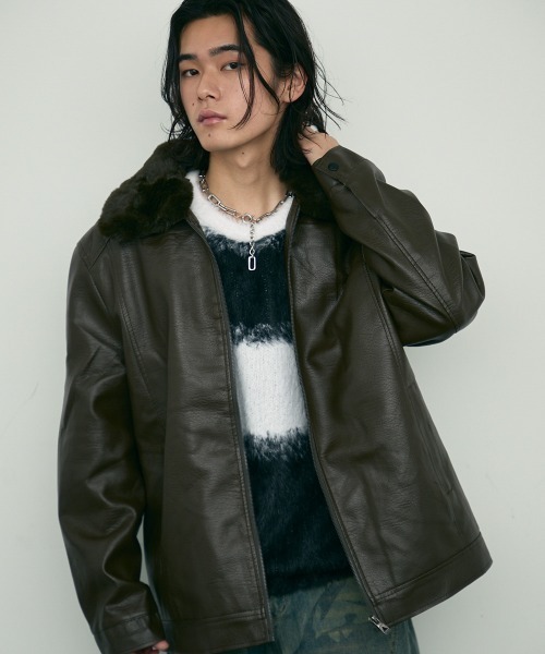 セール】fur collar synthetic leather jacket / 襟ファー合成皮革