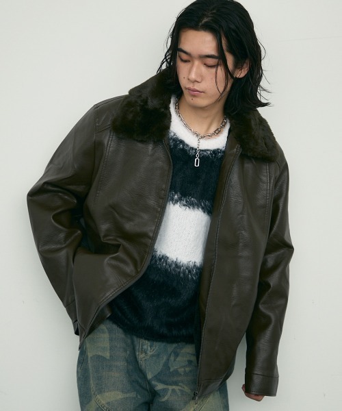 セール】fur collar synthetic leather jacket / 襟ファー合成皮革