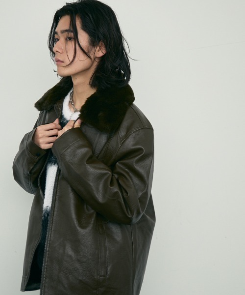 セール】fur collar synthetic leather jacket / 襟ファー合成皮革