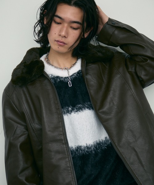 セール】fur collar synthetic leather jacket / 襟ファー合成皮革