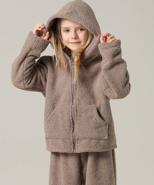 キッズ 長袖テディなモコモコフード付きジップルームウェア 上下2点