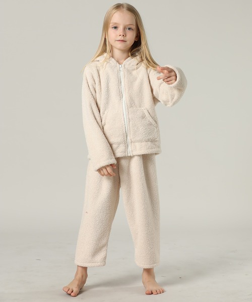 キッズ 長袖テディなモコモコフード付きジップルームウェア 上下2点