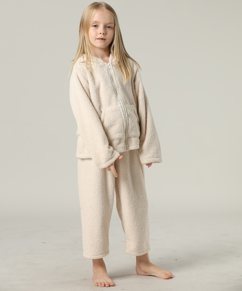 キッズ 長袖テディなモコモコフード付きジップルームウェア 上下2点