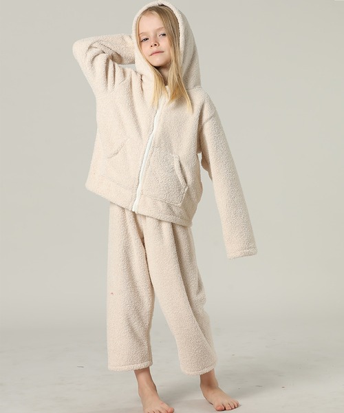 キッズ 長袖テディなモコモコフード付きジップルームウェア 上下2点