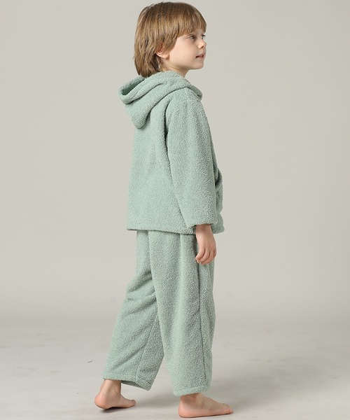 キッズ 長袖テディなモコモコフード付きジップルームウェア 上下2点