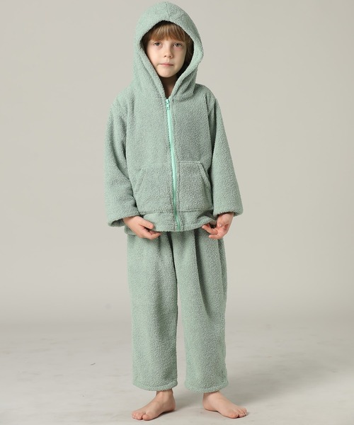 キッズ 長袖テディなモコモコフード付きジップルームウェア 上下2点