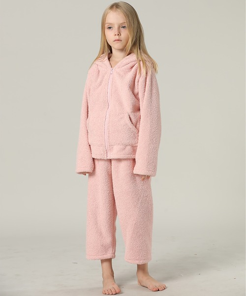 キッズ 長袖テディなモコモコフード付きジップルームウェア 上下2点