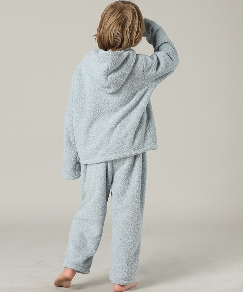 キッズ 長袖テディなモコモコフード付きジップルームウェア 上下2点