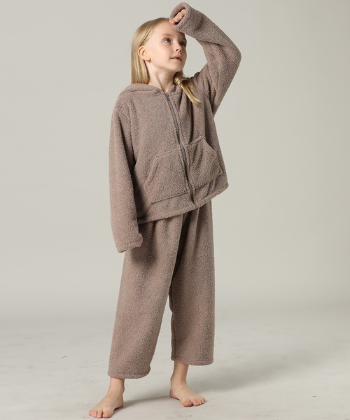 キッズ 長袖テディなモコモコフード付きジップルームウェア 上下2点