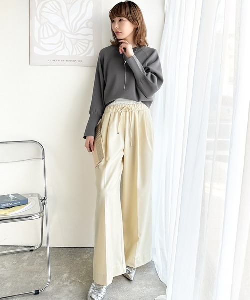 classicalelf（クラシカルエルフ）の「トレンドをひとさじ。ウエストが主役のワイドパンツ。ダブルウエストイージーパンツ（ウエストストライプ柄）（スラックス・レディース・ベージュ/ネイビー/アイボリー/チャコール・SMALL/MEDIUM/LARGE/X-LARGE）」の12枚目の写真