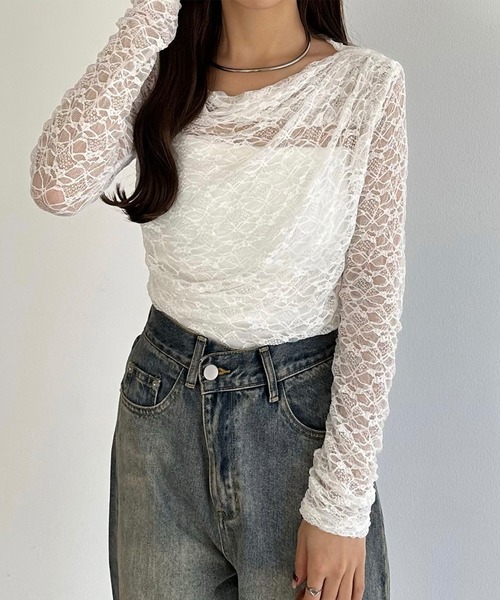 callautia(カラウティア)の「ドレープレースカットソー(Tシャツ/カットソー・レディース・チャコール/ホワイト/ブラック・X-LARGE/LARGE/MEDIUM/SMALL)」の1枚目の写真