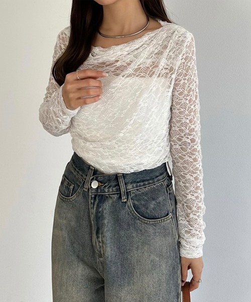 カットレース使いの長め丈カットソー osharewalker カットソー レディース 春夏 トップス Tシャツ