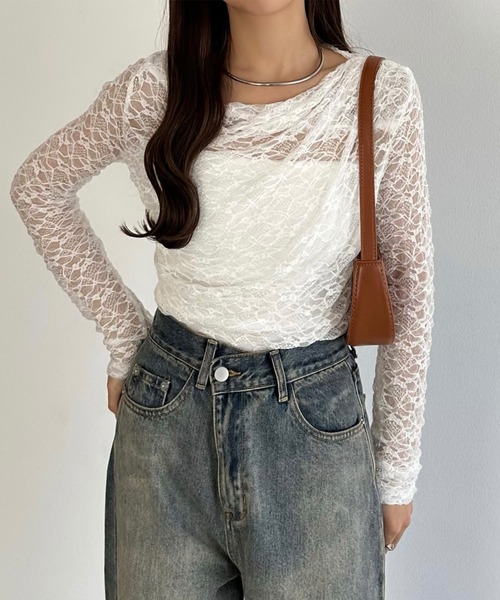 callautia(カラウティア)の「ドレープレースカットソー(Tシャツ/カットソー・レディース・チャコール/ホワイト/ブラック・X-LARGE/LARGE/MEDIUM/SMALL)」の5枚目の写真