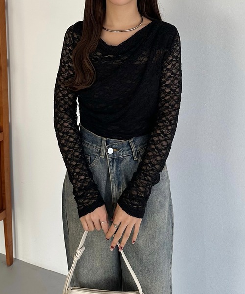 callautia(カラウティア)の「ドレープレースカットソー(Tシャツ/カットソー・レディース・チャコール/ホワイト/ブラック・X-LARGE/LARGE/MEDIUM/SMALL)」の9枚目の写真