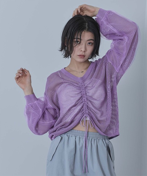 miette（ミエット）の「ドロストメッシュニットトップス（ニット/セーター・レディース・パープル/ミント/ブラック/オフホワイト・FREE）」の4枚目の写真