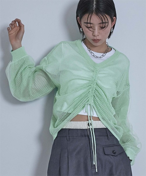 miette（ミエット）の「ドロストメッシュニットトップス（ニット/セーター・レディース・パープル/ミント/ブラック/オフホワイト・FREE）」の3枚目の写真
