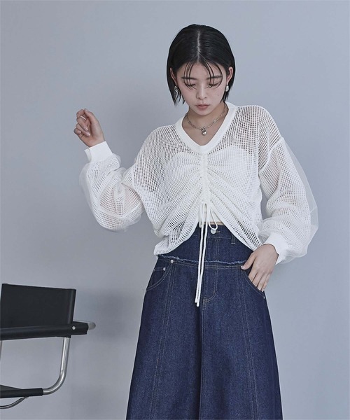 miette（ミエット）の「ドロストメッシュニットトップス（ニット/セーター・レディース・パープル/ミント/ブラック/オフホワイト・FREE）」の16枚目の写真