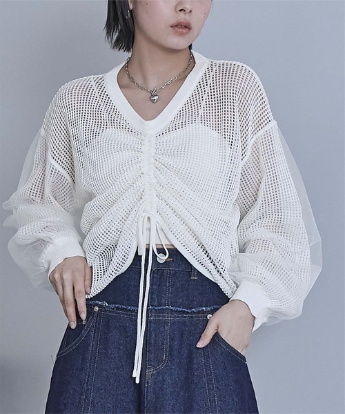 miette（ミエット）の「ドロストメッシュニットトップス（ニット/セーター・レディース・パープル/ミント/ブラック/オフホワイト・FREE）」の18枚目の写真