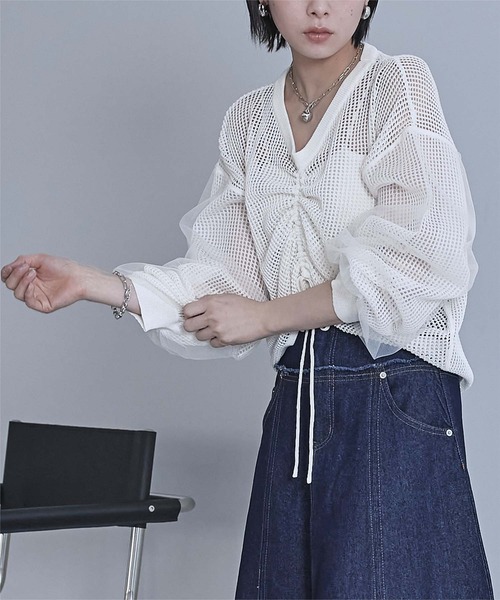 miette（ミエット）の「ドロストメッシュニットトップス（ニット/セーター・レディース・パープル/ミント/ブラック/オフホワイト・FREE）」の14枚目の写真