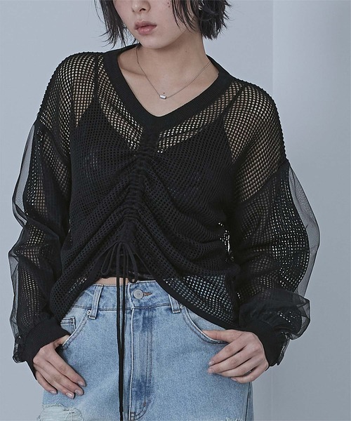 miette（ミエット）の「ドロストメッシュニットトップス（ニット/セーター・レディース・パープル/ミント/ブラック/オフホワイト・FREE）」の20枚目の写真