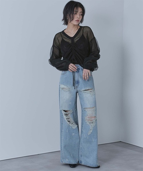 miette（ミエット）の「ドロストメッシュニットトップス（ニット/セーター・レディース・パープル/ミント/ブラック/オフホワイト・FREE）」の21枚目の写真