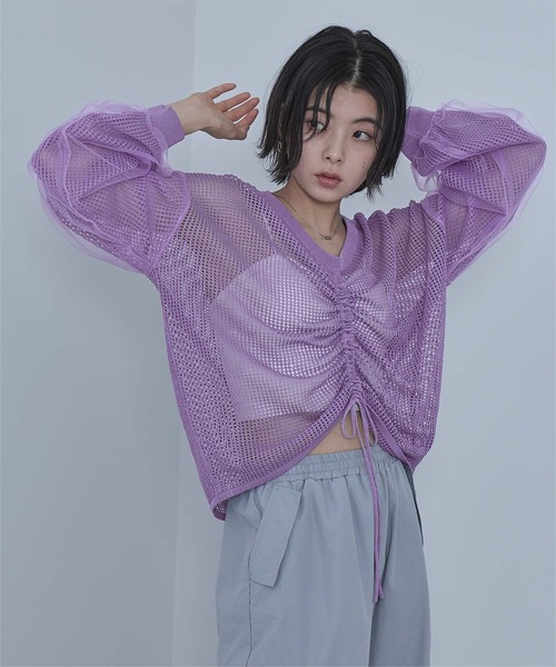 miette（ミエット）の「ドロストメッシュニットトップス（ニット/セーター・レディース・パープル/ミント/ブラック/オフホワイト・FREE）」の5枚目の写真