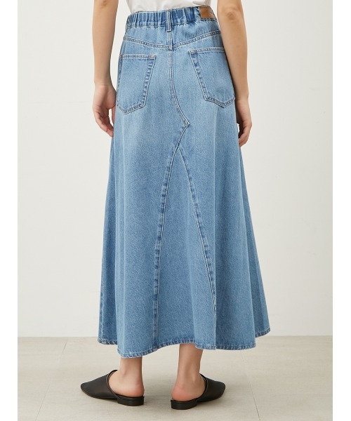 ミラオーウェン　後ろゴムマチデザインフレアデニムスカート　0サイズ　ライトブルー 後ろゴムマチデザインフレアデニムスカート【手洗い可能