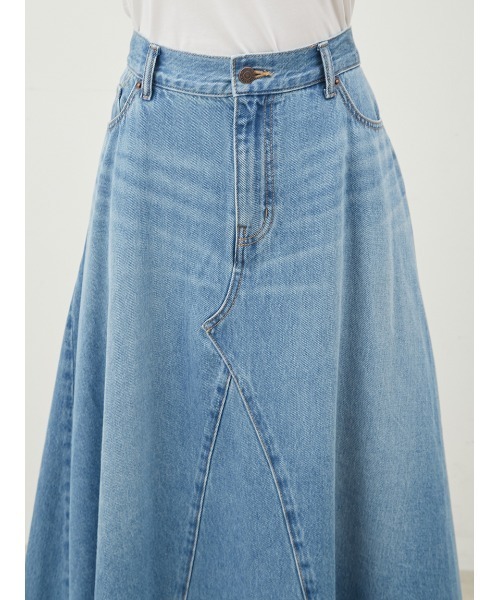 ミラオーウェン　後ろゴムマチデザインフレアデニムスカート　0サイズ　ライトブルー 後ろゴムマチデザインフレアデニムスカート【ウォッシャブル