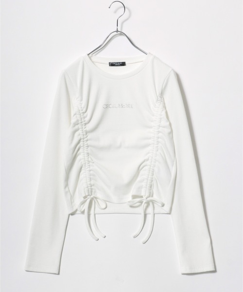 CECIL McBEE（セシルマクビー）の「CECIL McBEE（セシルマクビー）ギャザードロストリボン ラインストーンロゴリブニットロンT レディース/長袖（Tシャツ/カットソー・レディース・オフホワイト/ブラック・M/L）」の16枚目の写真